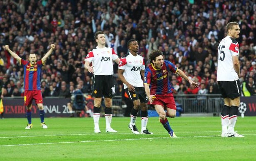 Messi celebrates his goal against United in the 2011 Champions League final. EFE