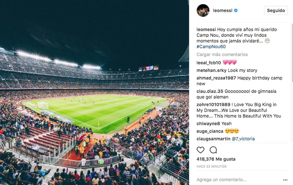 Messi felicitó al Camp Nou por su 60 cumpleaños. Instagram/LeoMessi