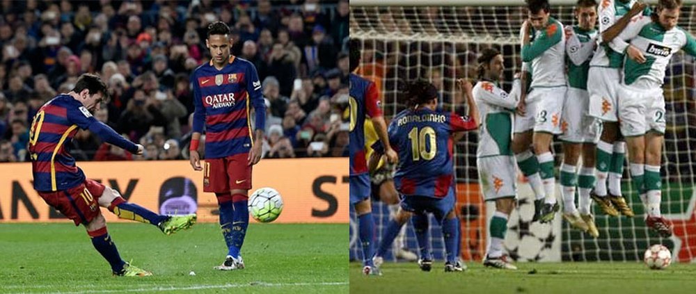 Messi y Ronaldinho, en dos lanzamientos de falta con el Barcelona. BeSoccer