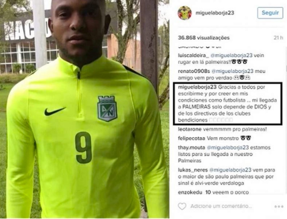 Miguel Borja escreveu no seu Instagram sobre o Palmeiras. MiguelBorja23