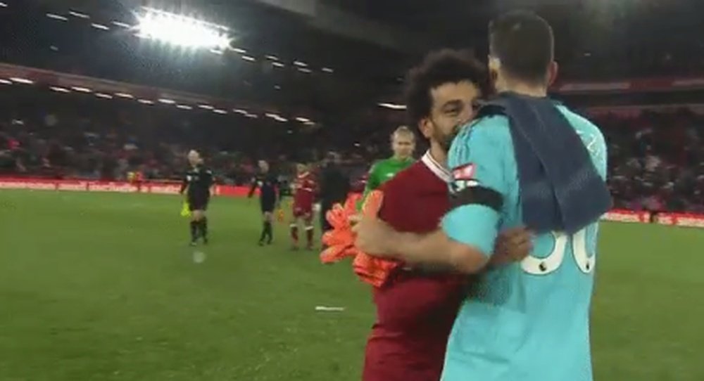 Salah apologised to Karnezis at full-time. Twitter/BTSportFootball