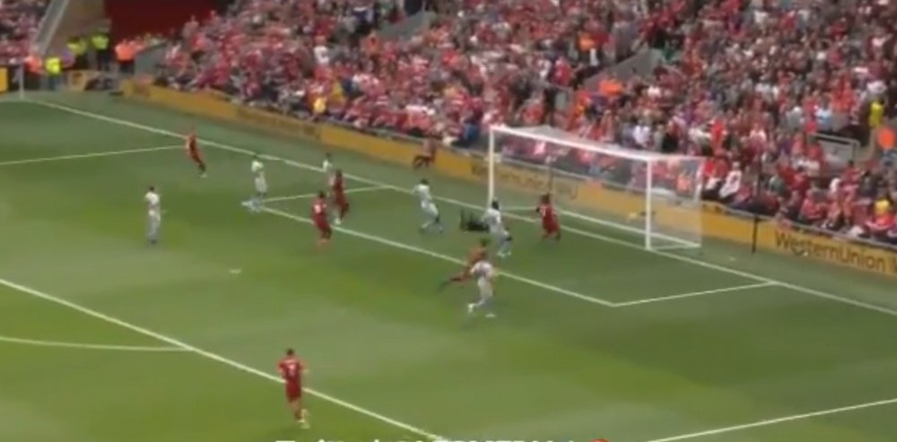 Mohamed Salah gets the first goal against West Ham for Liverpool. Screenshot