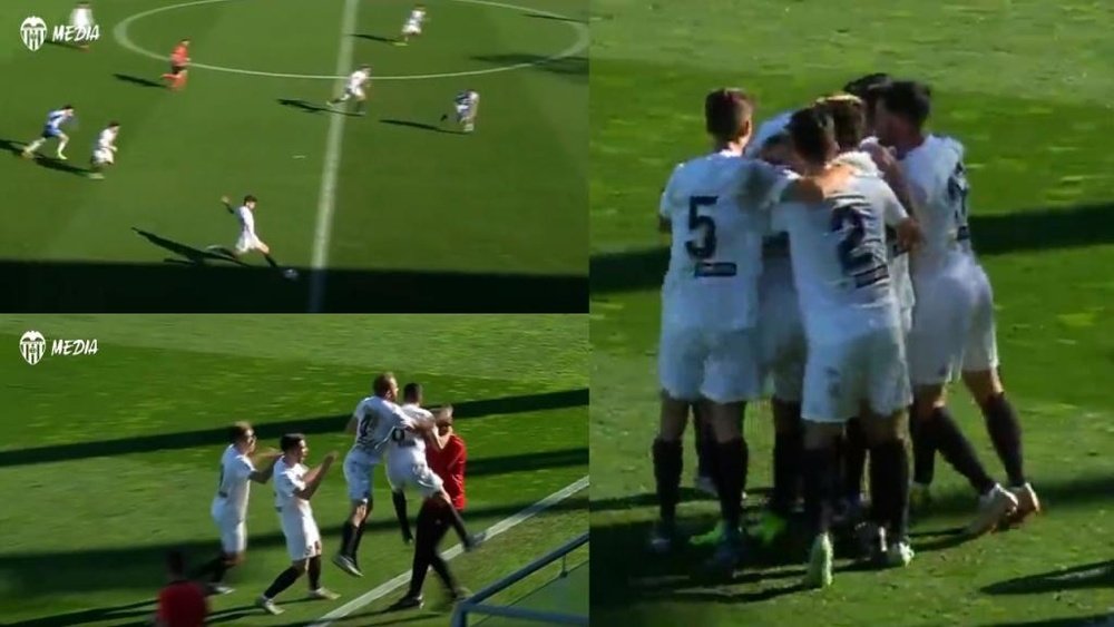 José Pascual anotó el golazo de la jornada. Captura/AcademiaValenciaCF