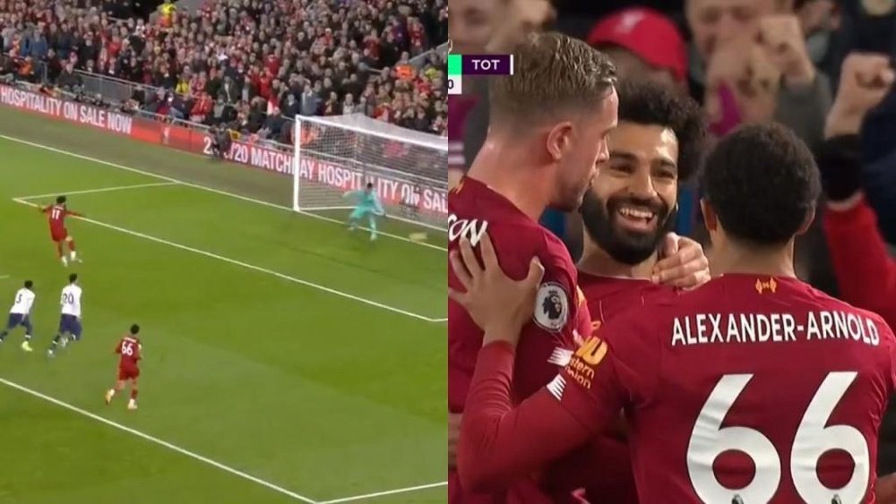 De pênalti, Salah marca o segundo do Liverpool. Capturas/DAZN