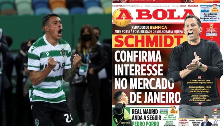 Montagem com o jogador do Sporting CP, Pedro Porro e aportada do jornal A Bola.EFE/Print/ABola