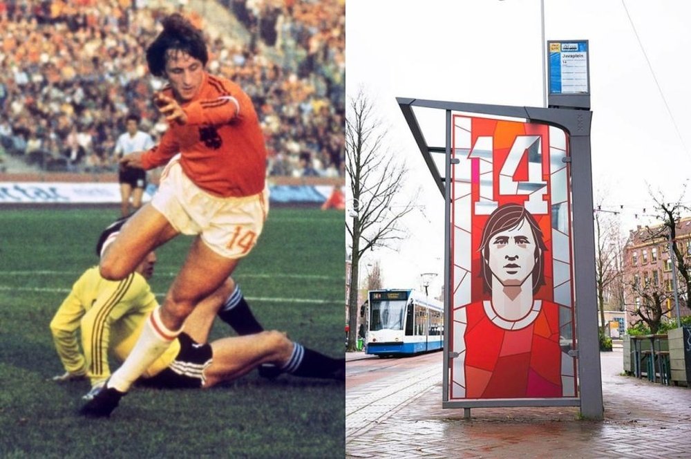 Johan Cruyff in action, and on a bus stop in Amsterdam. AFP