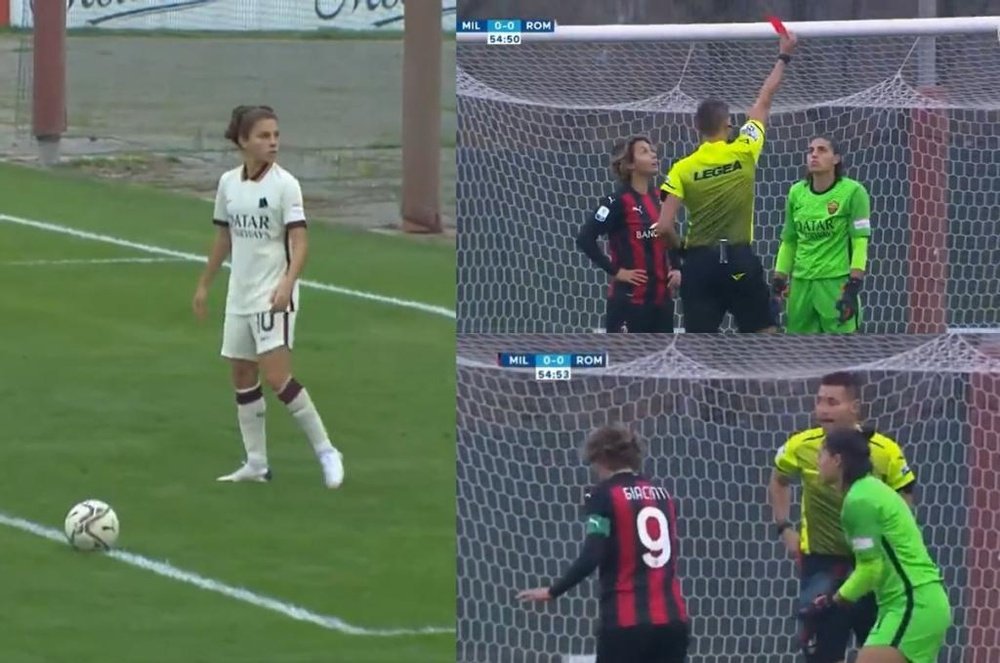 La Roma se quedó con diez ante el Milan en el minuto 55. Captura/Twitter/ACMilan