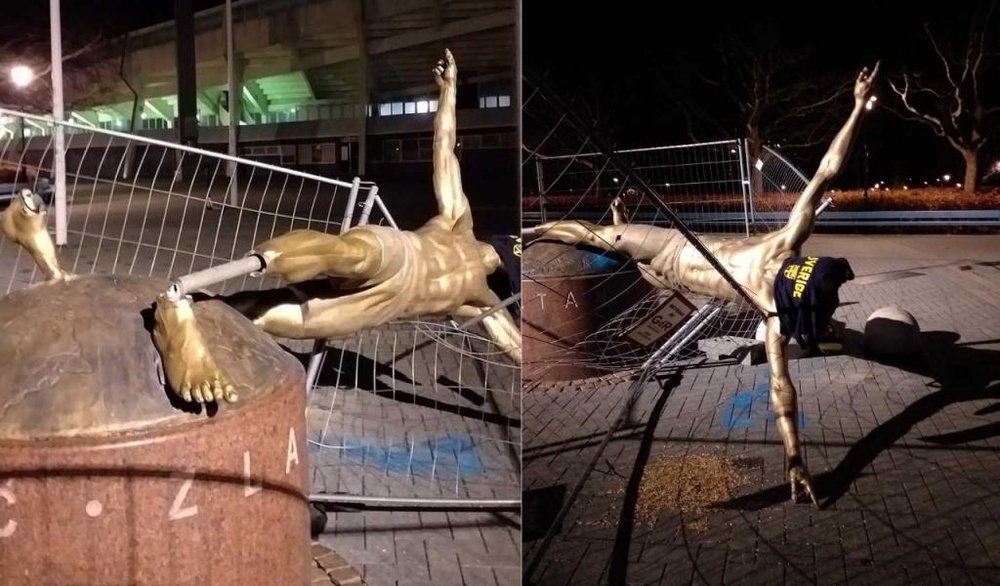 ¡Enésimo ataque! Destrozan la estatua de Ibrahimovic en Suecia. Twitter/AlanDiego