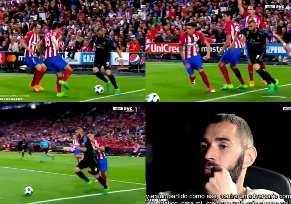 La jugada más famosa de Benzema ante el Atleti. Captura/RMC