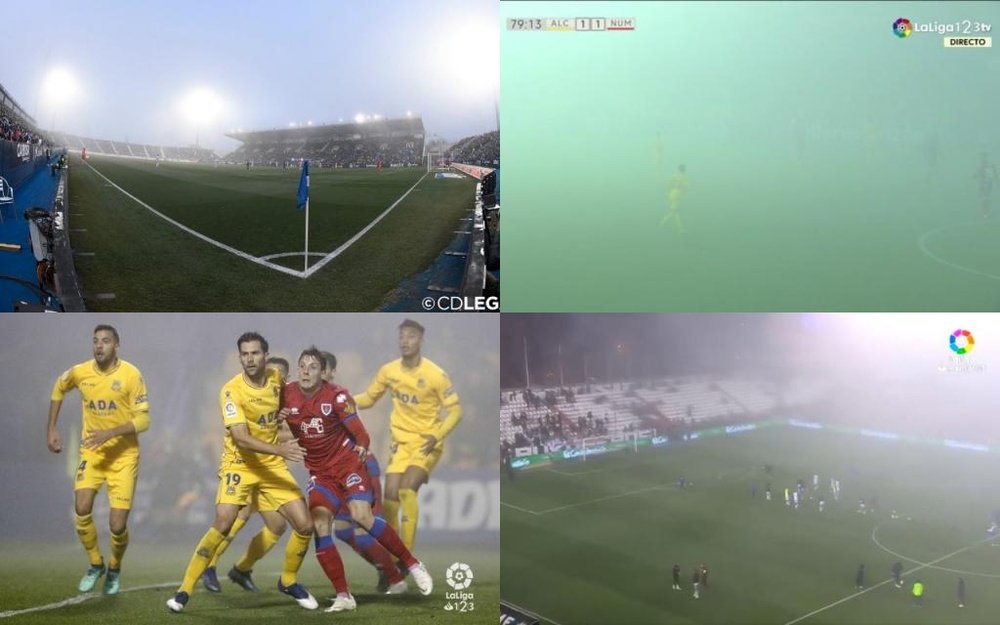 La densa niebla hizo muy difícil seguir los partidos con normalidad. Captura/Twitter