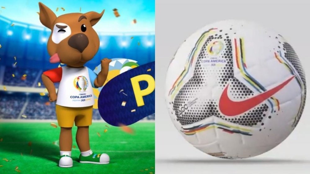 Mascote e bola da Copa América 2020. Montagem/Twitter/CopaAmérica