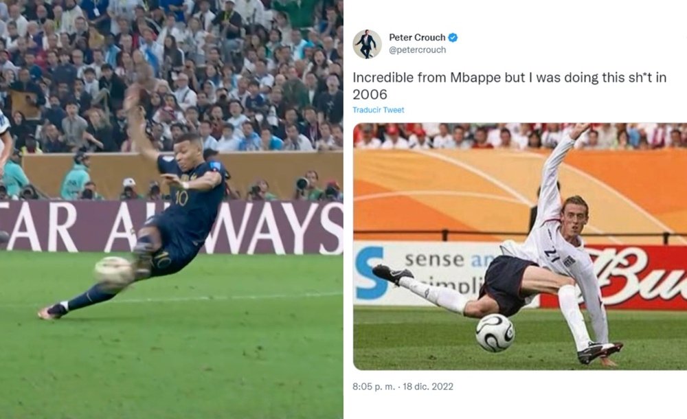 Peter Crouch tried a similar shot to Kylian Mbappe 16 years ago. AFP