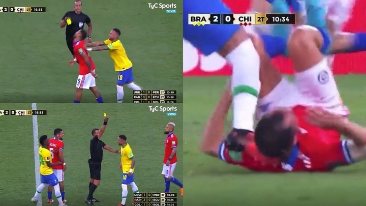Otro cruce de cables de Neymar: empujón y patada rozando la cabeza de un rival chileno