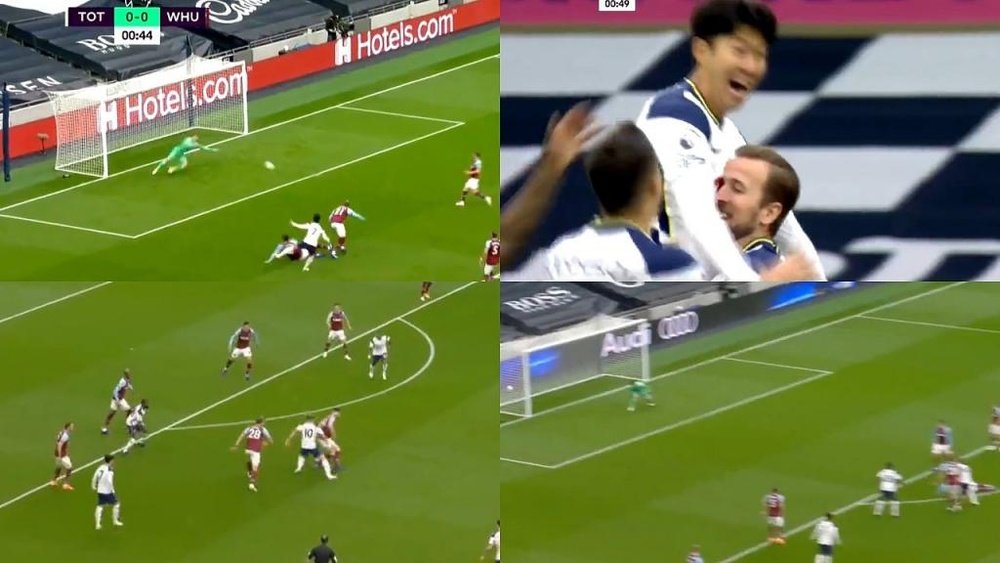 Montage of Harry Kane's goals and plays against West Ham. Screenshots/DAZN