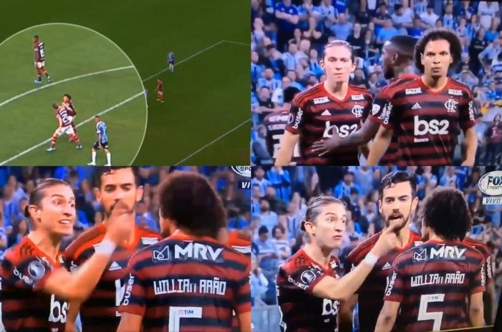 Montagem de Filipe Luis e William Arão, discutindo en plena semifinal. Captura/FOXSPORTS