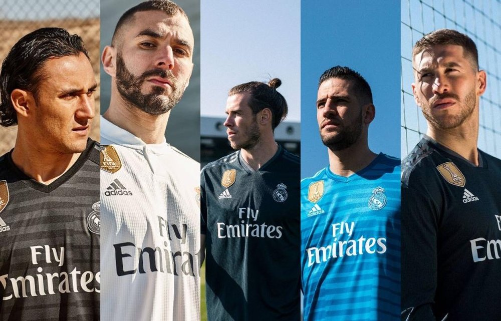 Montagem com os jogadores do Real Madrid vestindo os novos uniformes. RealMadridCF