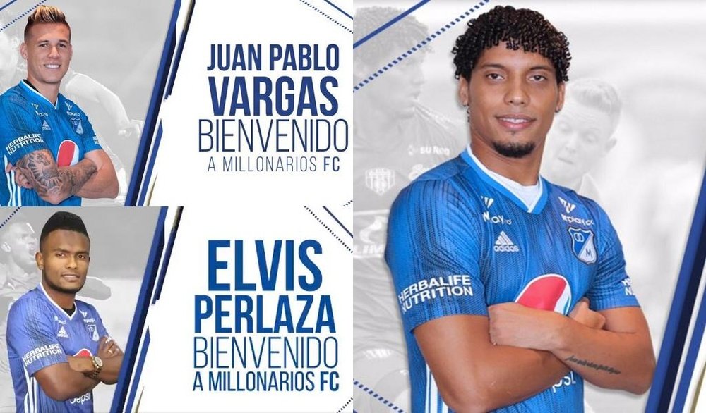 Juan Pablo Vargas, Juan Carlos Pereira y Elvis Perlaza, fichados. Twitter/MillonariosFC