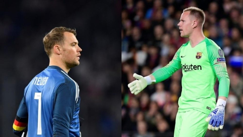 A disputa eterna entre Neuer e Ter Stegen. AFP