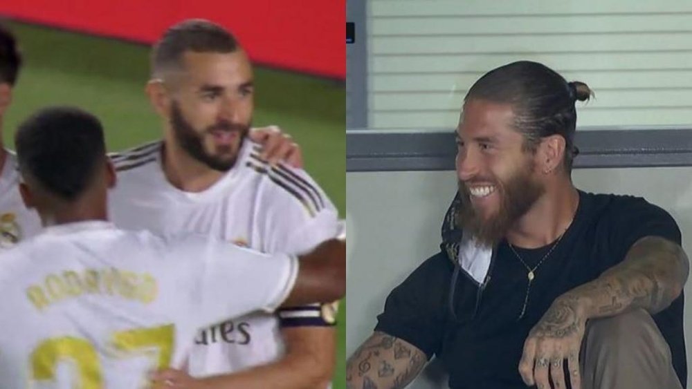Benzema puso el 1-0 de penalti... mientras Ramos se reía en la grada. Captura/MovistarLaLiga