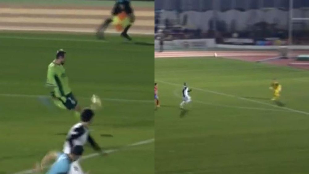 La asistencia de 80 metros en Segunda B que copiaron Alisson y Salah. Captura/Footters