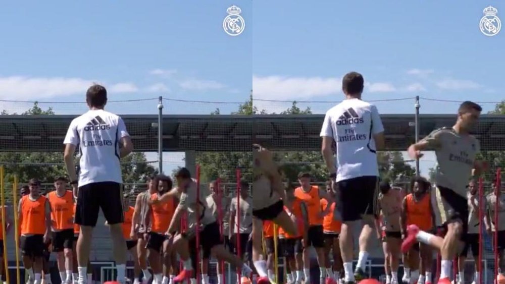 Javier Hernández sorprendió al capitán blanco en un ejercicio de potencia. @realmadrid
