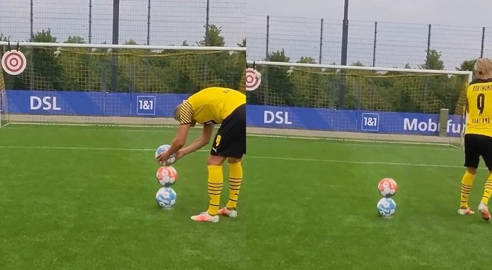 Haaland empilha três bolas... e chuta as três no ângulo. Twitter/Bundesliga_EN