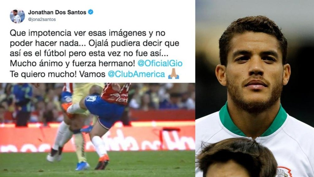 La impotencia de Jonathan dos Santos tras la dura entrada a Gio. EFE/Twitter