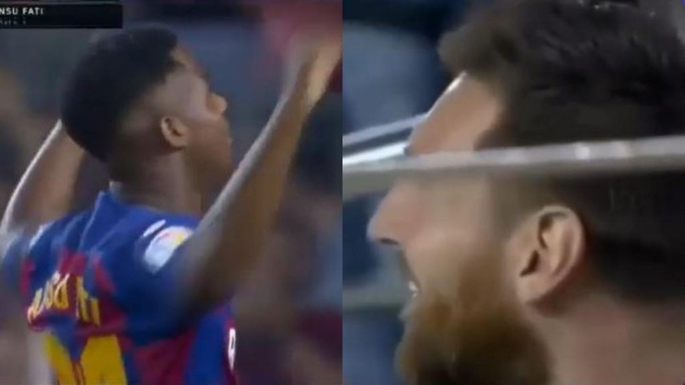 Ansu Fati fez Messi sorrir na arquibancada. Captura/Movistar+