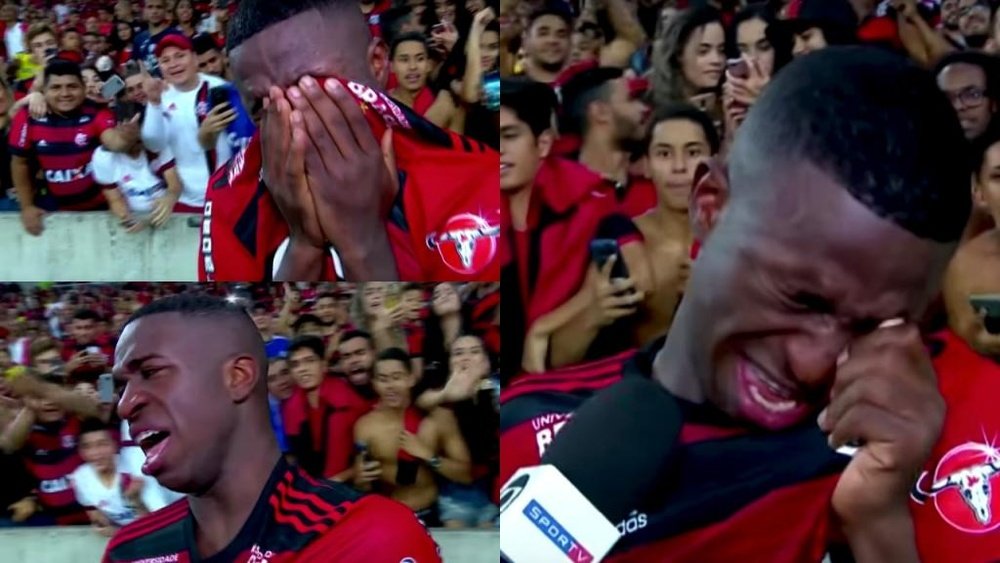 Viniciu Jr. não segurou as lágrimas em sua possível despedida do Flamengo. Captura/SportTV