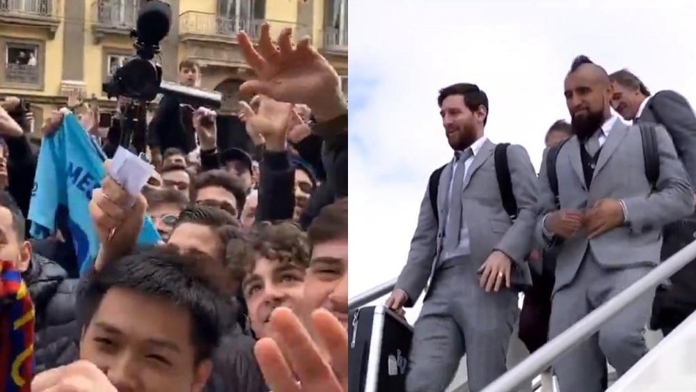 Messi, aclamado em sua chegada a Nápoles. Capturas/Twitter/FCBarcelona_es