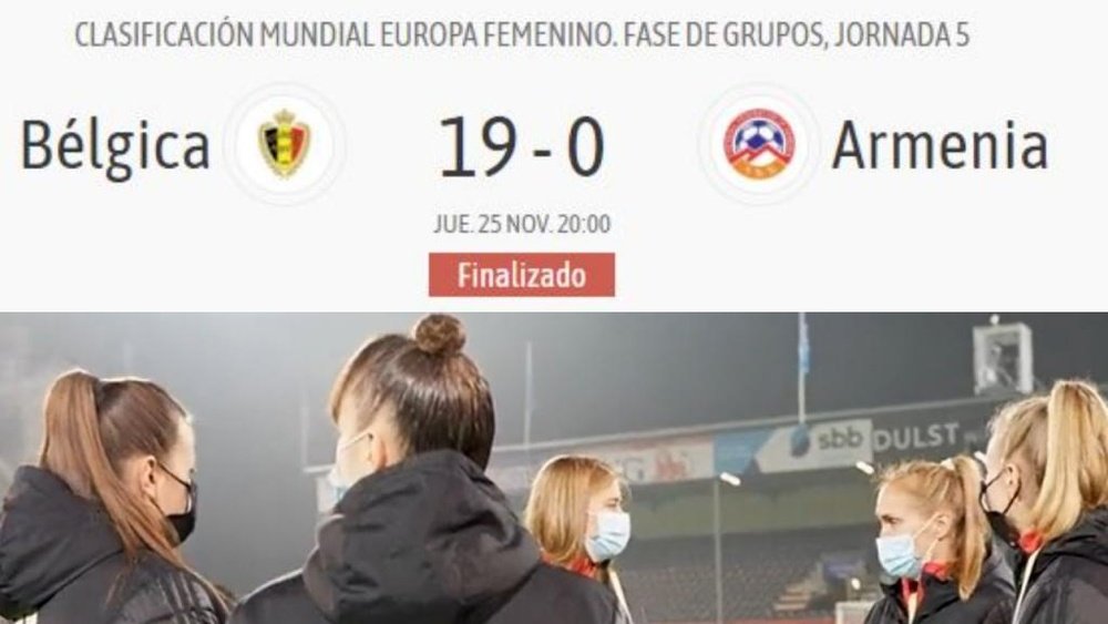 Bélgica ganó 19-0 a Armenia. BeSoccer Twitter/BelRedFlames
