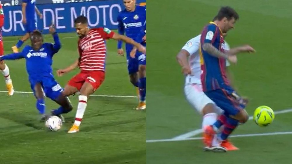 El penalti de Djené con el que compara el Barça por el 'Clásico'. Montaje/Captura/Movistar+