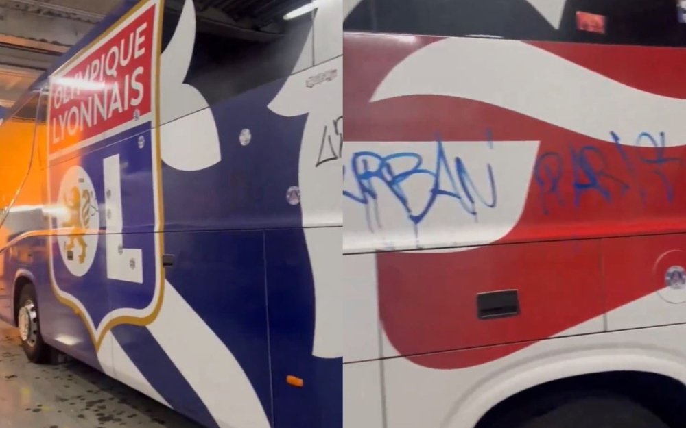 One of Olympique Lyon's buses was vandalised by PSG fans. Screenshots/X/flocaffery
