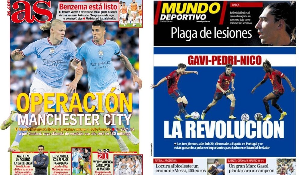 Montagem das capas do AS e Mundo Deportivo 29-09-2022.AS/Mundo Deportivo