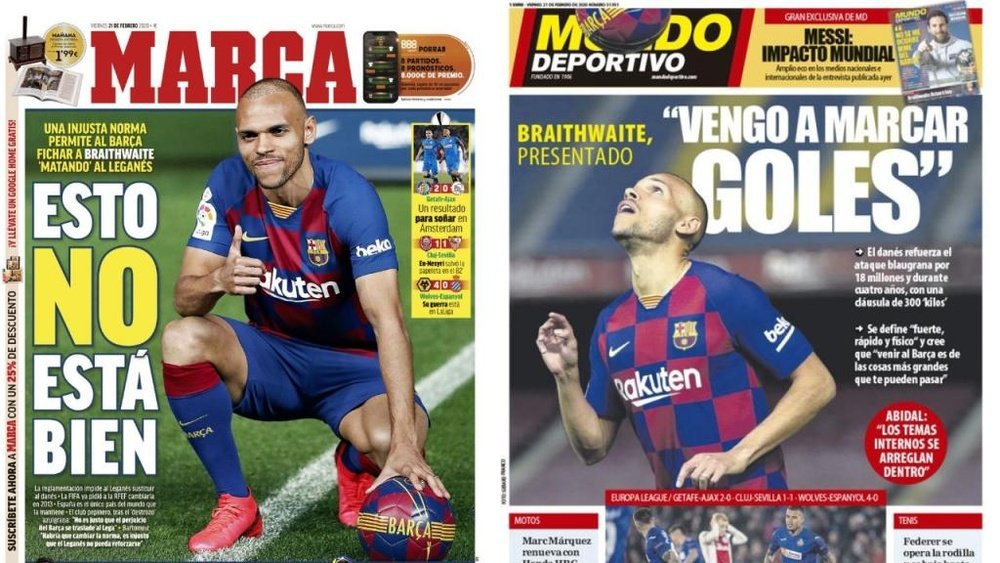 Capa das revistas Marca e Mundo Deportivo de 21-02-20. Montagem/Marca/MundoDeportivo