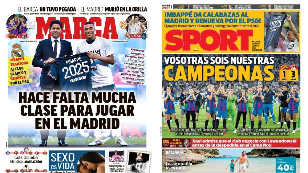 Montaje de las portadas de Marca y Sport, domingo 22 de mayo de 2022. Marca/Sport
