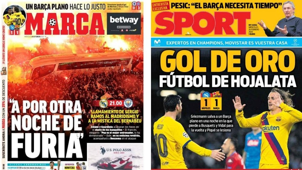 Capas dos portais esportivos Marca e Sport do dia 26-02-20. Montaje/Marca/Sport