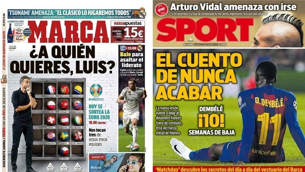 Portadas de la prensa deportiva del 30-11-19. Montaje/Marca/Sport