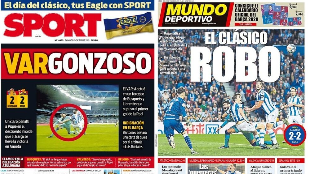 Capas dos jornais Mundo Deportivo e Sport do dia 15-12-19. Montaje/Sport/MundoDeportivo