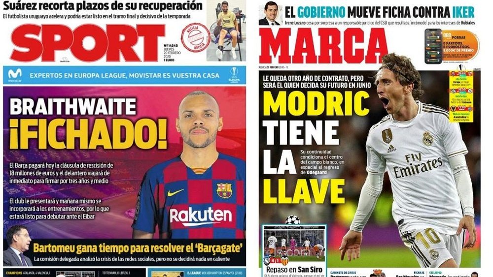 Les Unes des journaux sportifs en Espagne du 20 février 2020. Montage/Sport/Marca