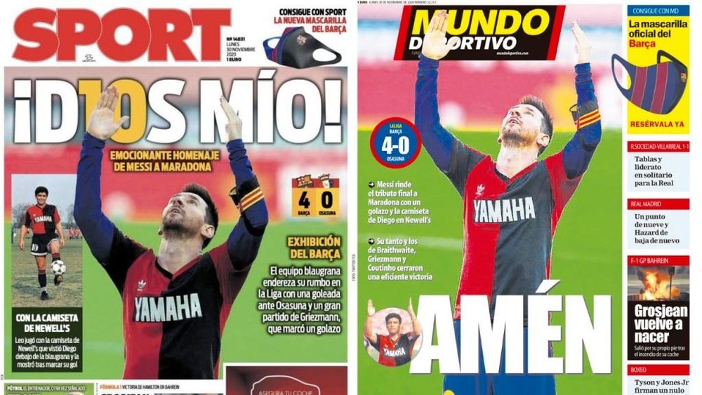 As capas da imprensa esportiva de 30 de novembro de 2020. Montaje/Sport/MundoDeportivo