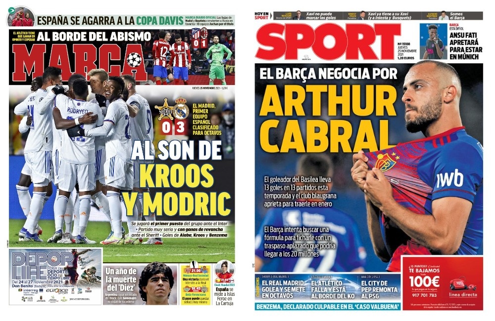 Portadas de la prensa deportiva del 25-11-21. Marca/Sport