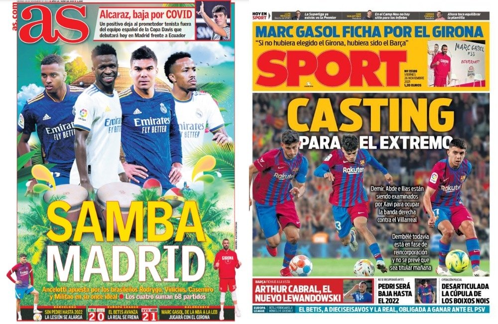 Portadas de la prensa deportiva del 26-11-21. Mundo Deportivo/AS
