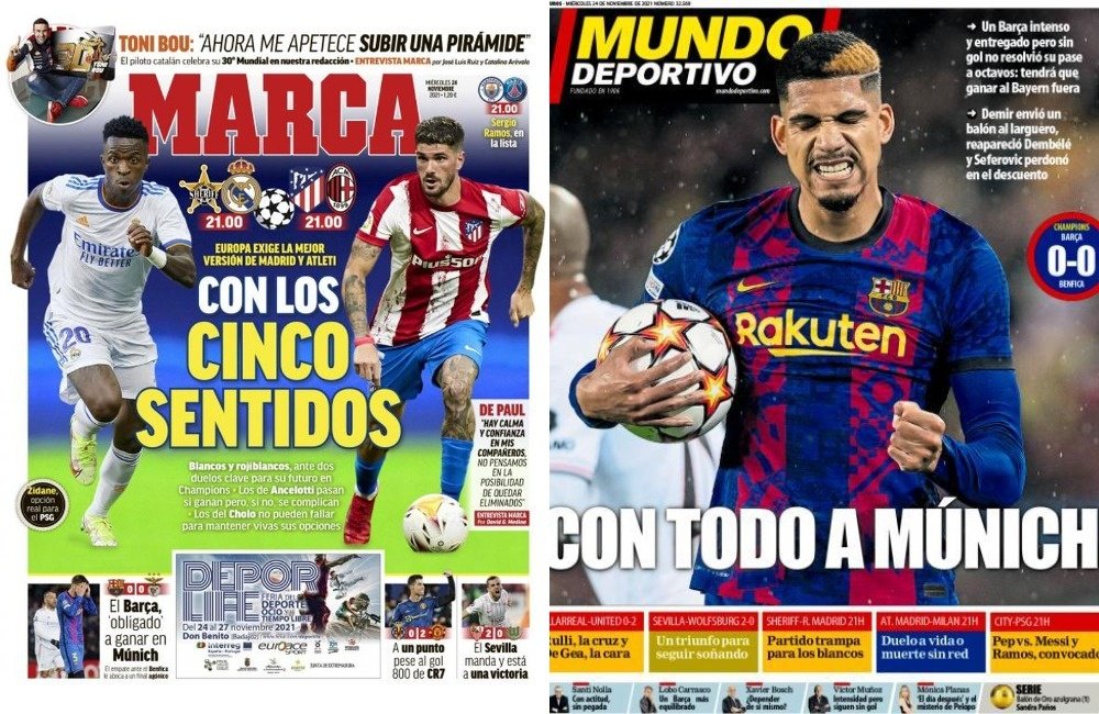 As capas da imprensa de 24 de novembro de 2021. Mundo Deportivo/Marca