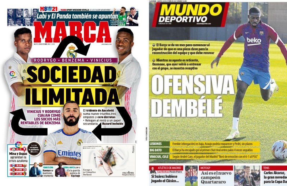 Capas da imprensa desportiva 26 de outubro de 2021.Mundo Deportivo/Marca