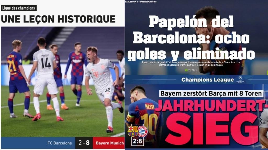 Así vio la prensa mundial la hecatombe europea del Barça. Montaje/L'Equipe/Olé/Bild
