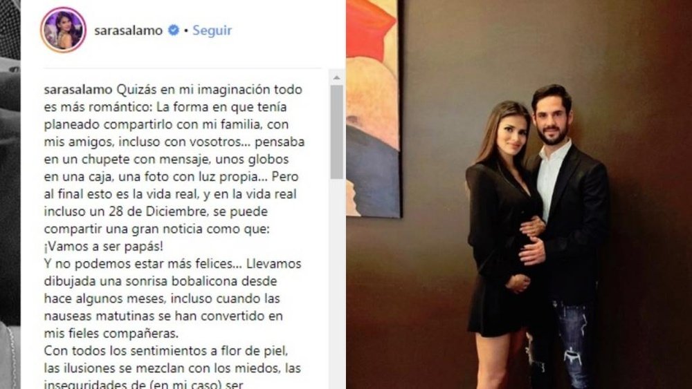 Sara Sálamo e Isco anuncia que serán papás. Instagram