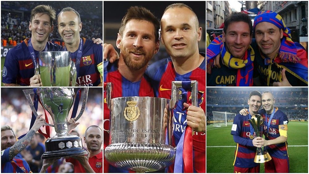 Messi e Iniesta, lendas do Barcelona, levantaram 30 troféus com o Barcelona. BeSoccer
