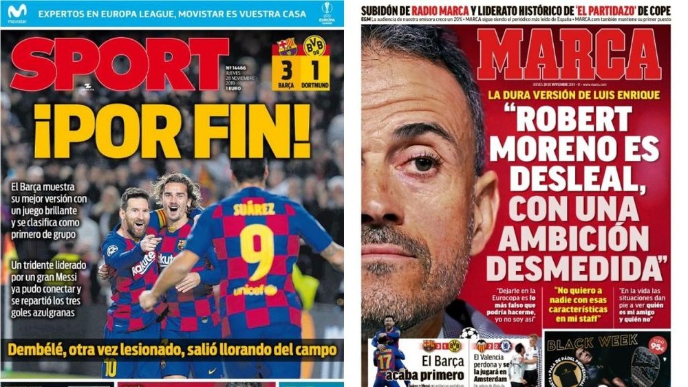 Portadas de la prensa deportiva del 27-11-19. Montaje/Sport/Marca