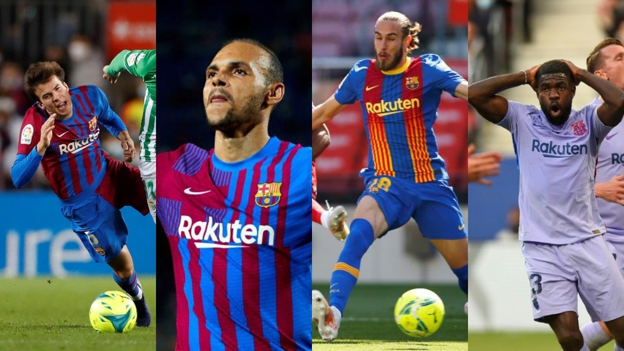 Riqui Puig, Braithwaite, Mingueza y Umtiti ya saben que Xavi no cuenta con ellos. EFE/AFP
